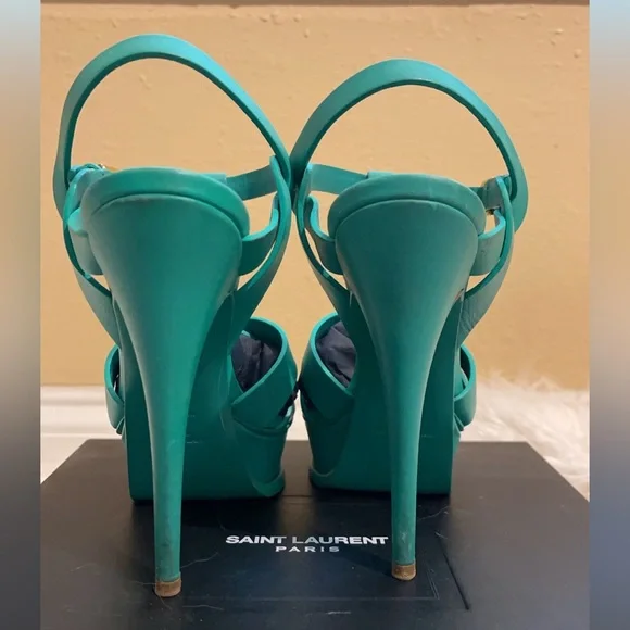 YSL Saint Laurent Emerald Green Tribute Platform Sandals Size 36 - Picture 2 of 6